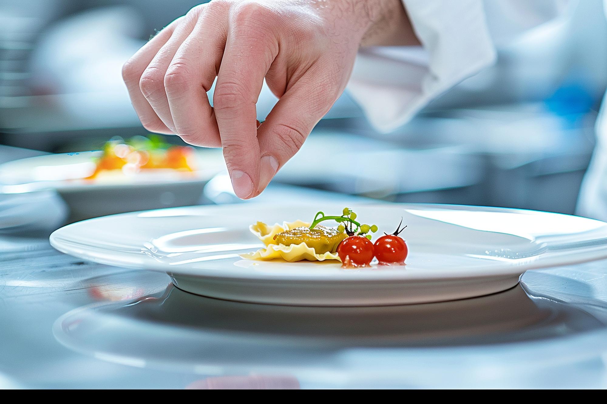 Chef che prepara un piatto in una cucina professionale